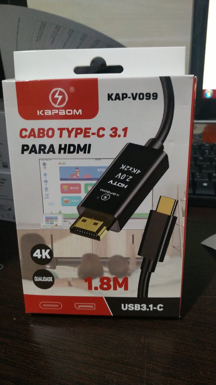  - Cabos  - Kapbom 1,8 Metros 4K - unidade            Cod. KAP-V099 Cabo USB 3.1 HDMI Tipo C