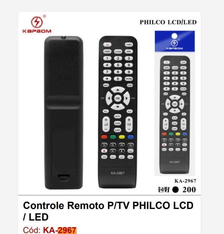  - Controle TV    Cod. CONTROLE TV PHILCO LCD E LED KA-2967