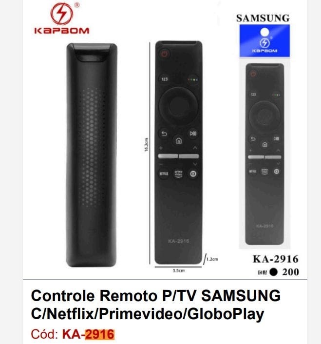  - Controle TV    Cod. CONTROLE TV SAMSUNG C/ NETFLIX,PRIME VIDEO KA-2916