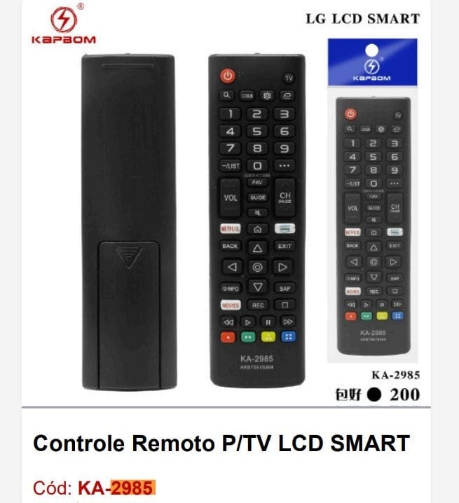  - Controle TV    Cod. CONTROLE TV LCD SMART KA-2985