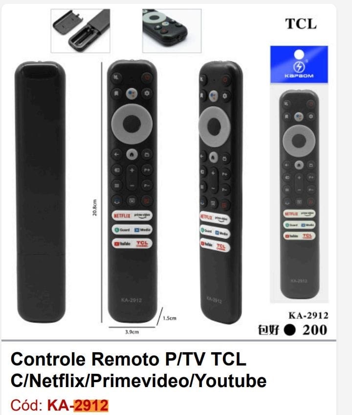  - Controle TV    Cod. CONTROLE TV TCL COM NETFLIX,PRIME,YOUTUBE KA-2912