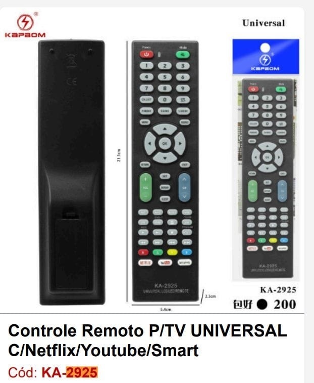  - Controle TV    Cod. CONTROLE TV UNIVERSAL LED,LCD,SMART,KA-2925