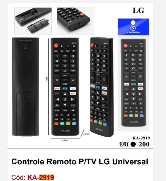  - Controle TV    Cod. CONTROLE TV LG UNIVERSAL KA-2919