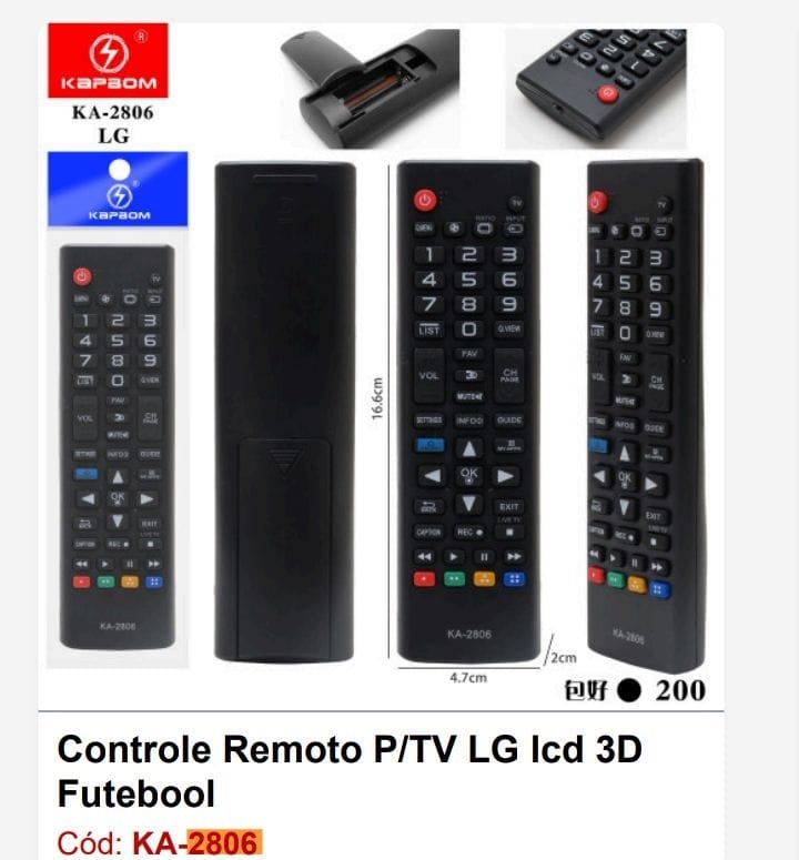  - Controle TV    Cod. CONTROLE TV LG LCD KA-2806