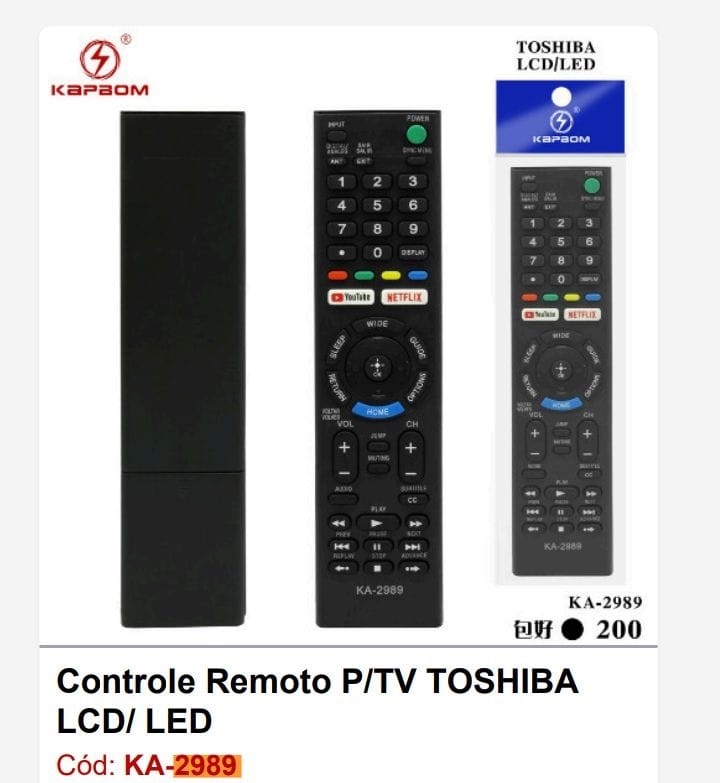  - Controle TV    Cod. CONTROLE TV TOSHIBA LCD E LED KA-2989