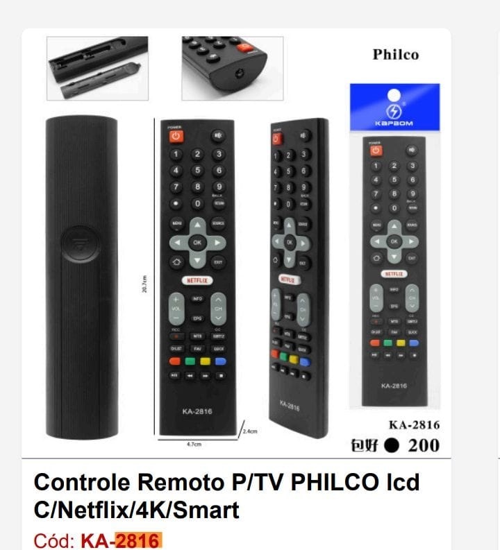  - Controle TV    Cod. CONTROLE TV PHILCO LCD,SMART,NETFLIX KA-2816